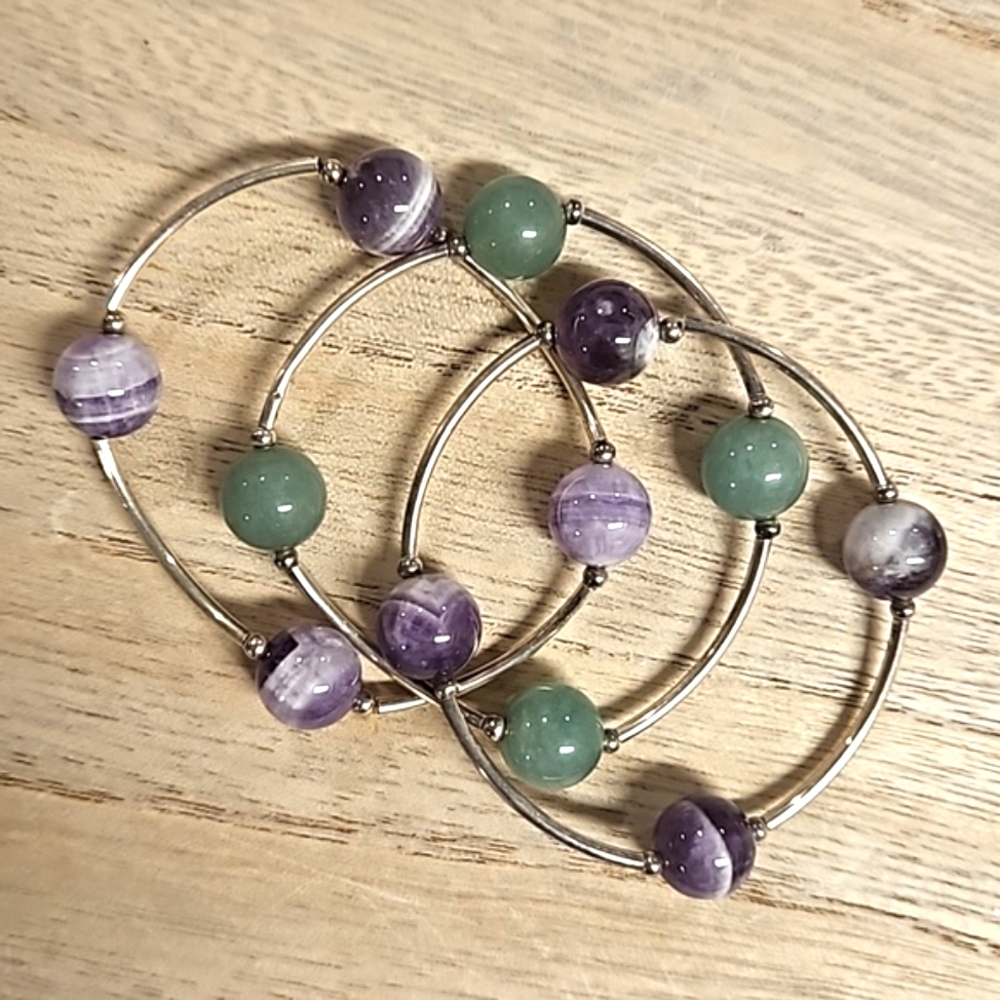 3 pc.stretchy silvertone glass faux gemstone bracelets green purple STACK 'EM! - Picture 2 of 4